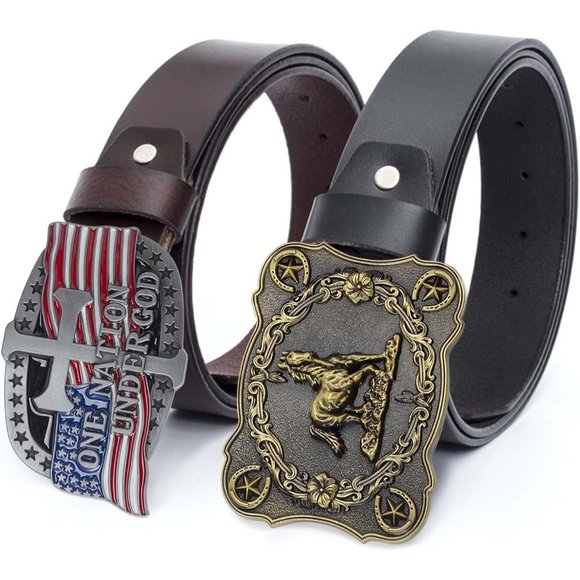 Men Gold 2 Pieces Western Cowboy & American Flag Cross Belt Buckle - Picture 6 of 6